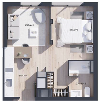 Planta de departamento de 1 dormitorio y 1 baño, Estudio Tipo H, proyecto WynWood Ñuñoa