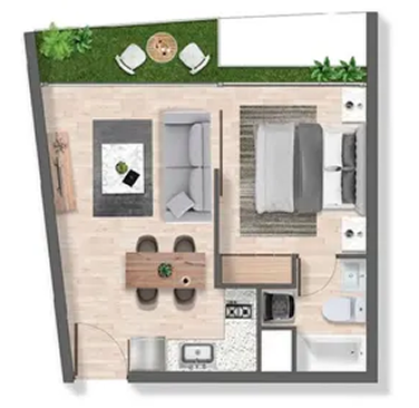 Planta de departamento de 1 dormitorio y 1 baño, Modelo A1, proyecto Exequiel en La Florida