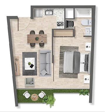 Planta de departamento de 1 dormitorio y 1 baño, Modelo A6, proyecto Exequiel en La Florida