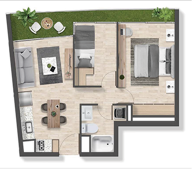 Planta de departamento de 2 dormitorios y 1 baño, Modelo B1, proyecto Exequiel en La Florida
