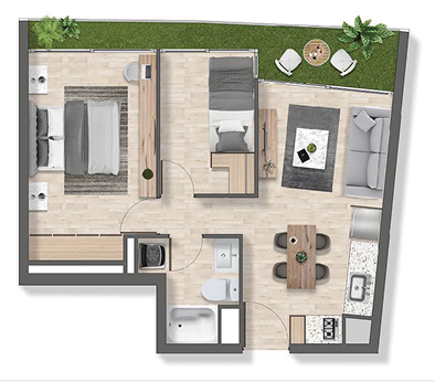 Planta de departamento de 2 dormitorios y 1 baño, Modelo B2, proyecto Exequiel en La Florida
