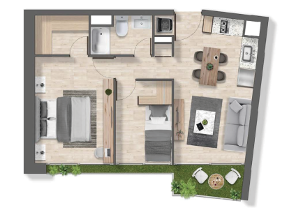 Planta de departamento de 2 dormitorios y 1 baño, Modelo B3, proyecto Exequiel en La Florida
