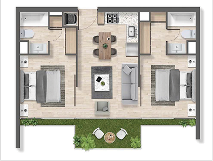 Planta de departamento de 2 dormitorios y 2 baños, Mariposa Modelo C1, proyecto Exequiel en La Florida