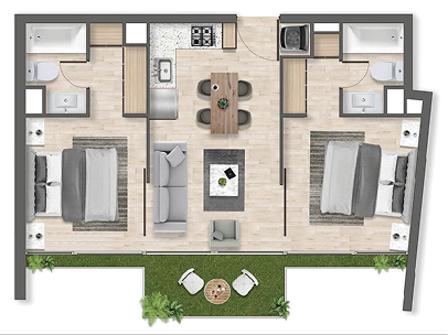 Planta de departamento de 2 dormitorios y 2 baños, Mariposa Modelo C2, proyecto Exequiel en La Florida