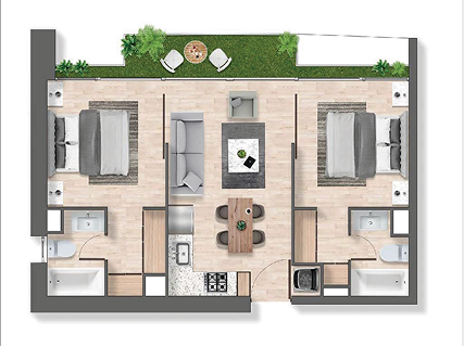 Planta de departamento de 2 dormitorios y 2 baños, Mariposa Modelo C5, proyecto Exequiel en La Florida