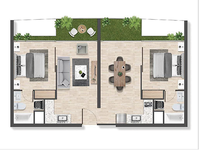 Planta de departamento de 3 dormitorios y 2 baños, Modelo E2, proyecto Exequiel en La Florida