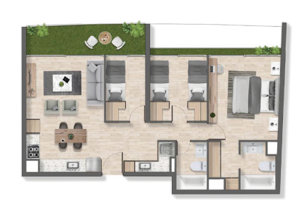 Planta de departamento de 3 dormitorios y 2 baños, Modelo E4, proyecto Exequiel en La Florida
