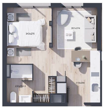 Planta de departamento de 1 dormitorio y 1 baño, Estudio Tipo G, proyecto WynWood Ñuñoa