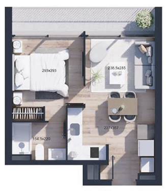 Planta de departamento de 1 dormitorio y 1 baño, Tipo A, proyecto WynWood Ñuñoa