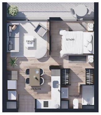 Planta de departamento de 1 dormitorio y 1 baño, Tipo B, proyecto WynWood Ñuñoa