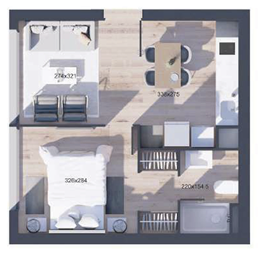Planta de departamento de 1 dormitorio y 1 baño, Tipo C, proyecto WynWood Ñuñoa