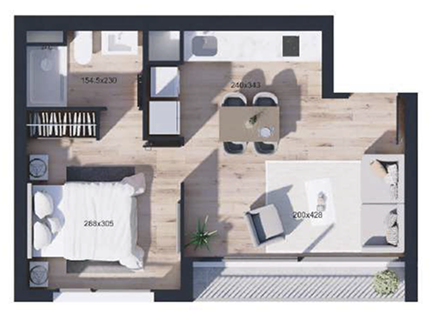 Planta de departamento de 1 dormitorio y 1 baño, Tipo D, proyecto WynWood Ñuñoa