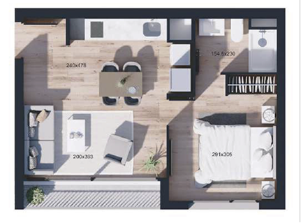 Planta de departamento de 1 dormitorio y 1 baño, Tipo E, proyecto WynWood Ñuñoa