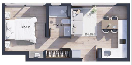 Planta de departamento de 1 dormitorio y 1 baño, Tipo F, proyecto WynWood Ñuñoa