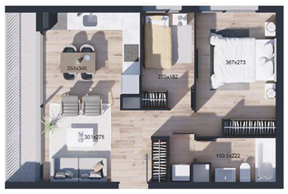 Planta de departamento de 2 dormitorios y 1 baño, Tipo I, proyecto WynWood Ñuñoa