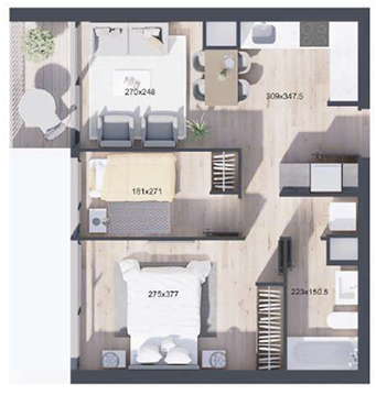 Planta de departamento de 2 dormitorios y 1 baño, Tipo J, proyecto WynWood Ñuñoa