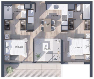 Planta de departamento de 2 dormitorios y 2 baños, Mariposa Tipo K, proyecto WynWood Ñuñoa