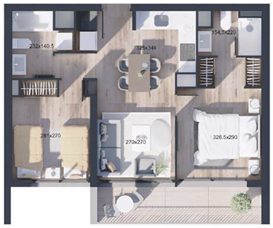 Planta de departamento de 2 dormitorios y 2 baños, Mariposa Tipo L, proyecto WynWood Ñuñoa