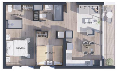 Planta de departamento de 2 dormitorios y 2 baños, Tipo M, proyecto WynWood Ñuñoa