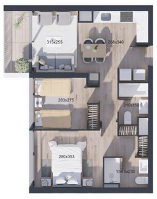 Planta de departamento de 2 dormitorios y 2 baños, Tipo O, proyecto WynWood Ñuñoa