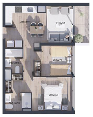 Planta de departamento de 2 dormitorios y 2 baños, Tipo P, proyecto WynWood Ñuñoa